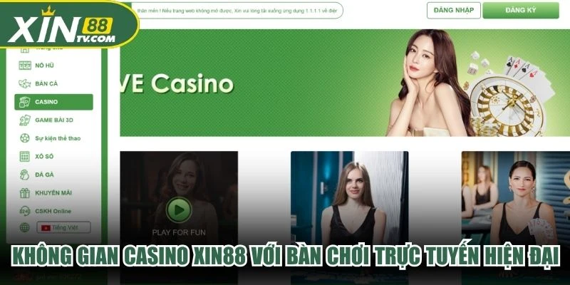 Không gian casino XIN88 với bàn chơi trực tuyến hiện đại và giao diện bắt mắt