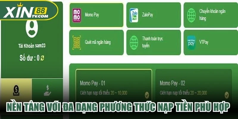 Nền tảng với đa dạng phương thức nạp tiền phù hợp với từng người chơi